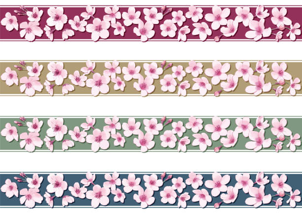 ilustraciones, imágenes clip art, dibujos animados e iconos de stock de juego decorativo de tiras de cinta de flores de cerezo. material de estilo japonés de acuarela. - obi sash