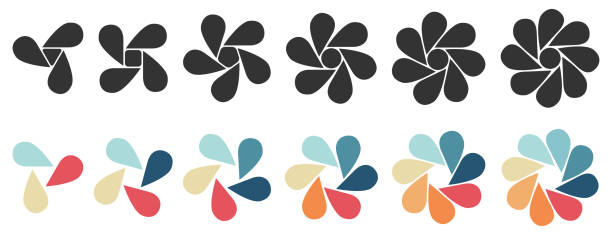 ilustrações, clipart, desenhos animados e ícones de gotas de água ou folhas em forma de objeto formando círculo flor, versão com três a oito pétalas - pode ser usado como elemento infográfico - five petals