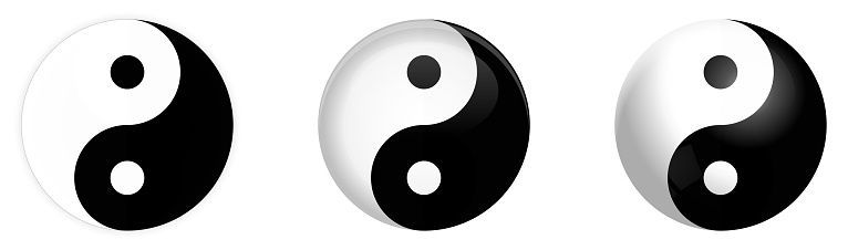 Simple black and white yin yang symbol, flat, dome or sphere version