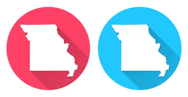 Vector illustration of Missouri map. Round icon with long shadow on red or blue background