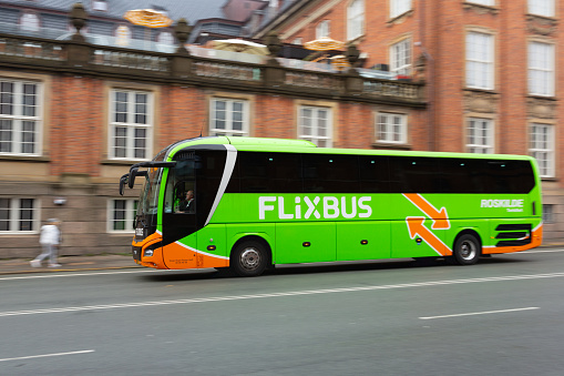 Copenhagen, Denmark - October 22, 2023: FlixBus is a German company that offers low-cost bus trips between cities in Europe, North America, Brazil and Chile.