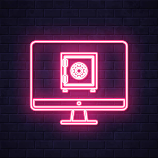 ilustrações de stock, clip art, desenhos animados e ícones de desktop computer with safe box. glowing neon icon on brick wall background - night deposit box