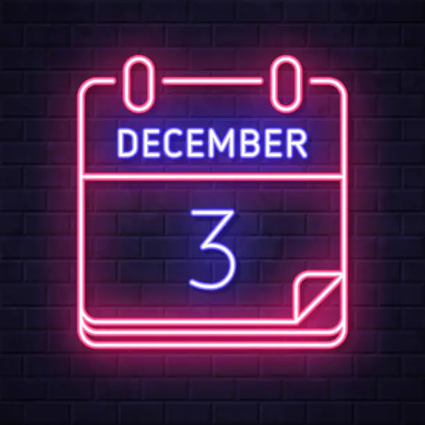 Vector illustration of December 3. Glowing neon icon on brick wall background