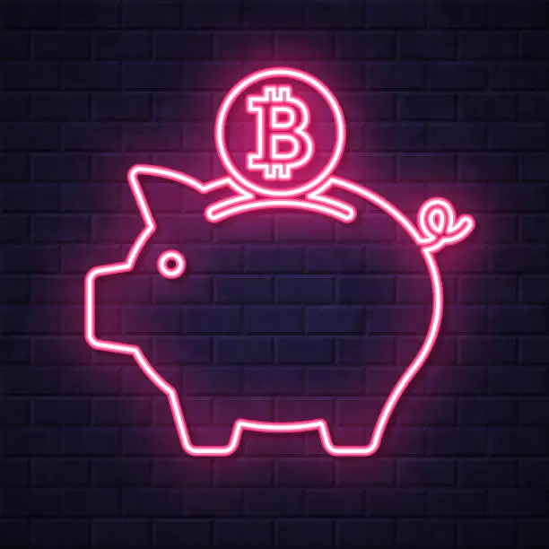 Vector illustration of Piggy bank with Bitcoin coin. Glowing neon icon on brick wall background