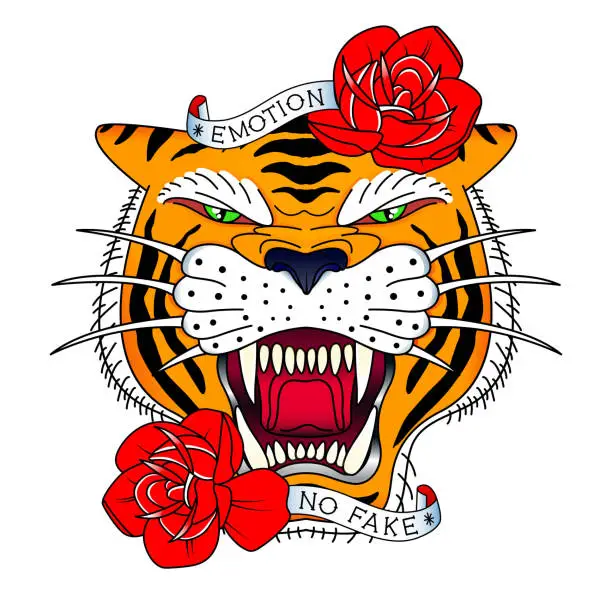Vector illustration of Tiger head with flowers in old tattoo style vector.