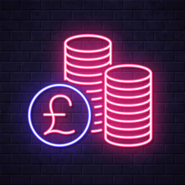 illustrazioni stock, clip art, cartoni animati e icone di tendenza di pile di monete da una sterlina. icona al neon incandescente su sfondo muro di mattoni - pound symbol red british currency symbol