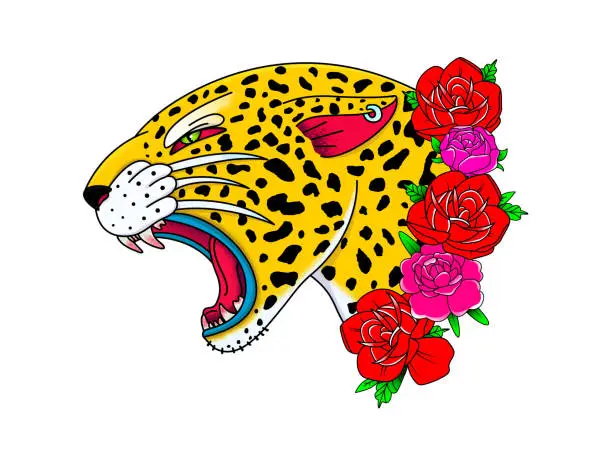 Vector illustration of Leopard head growls with flowers in old tattoo style vector illustration with textures.