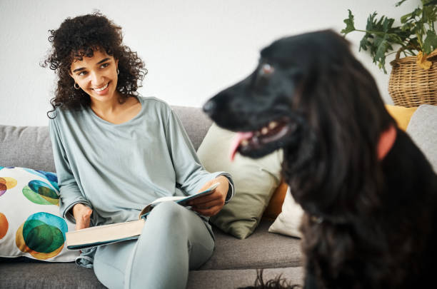 lendo um livro, cachorro e uma mulher no sofá de casa para relaxar com animal em uma sala de estar. dono de animal de estimação, felicidade e um jovem em um sofá com amor, cuidado e bem-estar ou amizade em um apartamento aconchegante - dog multi ethnic group people one person - fotografias e filmes do acervo