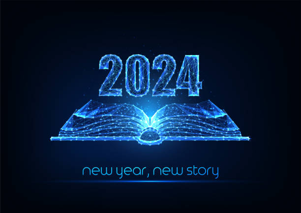 illustrations, cliparts, dessins animés et icônes de bannière conceptuelle abstraite du happy new year 2024 avec livre ouvert dans un style lumineux futuriste sur bleu foncé - voeux 2024