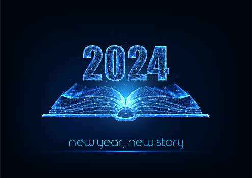 Abstract 2024 Happy New Year concept banner with open book in futuristic glowing style on dark blue