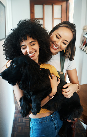 Happy, smile and lesbian couple holding dog in modern apartment for bonding together. Love, family and interracial young lgbtq women hugging and embracing their sweet animal pet puppy at home.