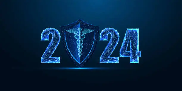 Vector illustration of Helath care and medicine abstract 2024 Happy New Year digital web banner. Futuristic greeting card