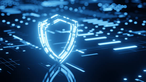 istock Protection and Security concept. Digital shield 3d glowing icon on abstract technology background. 3d render 1783502790