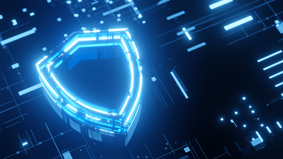 Protection and Security concept. Digital shield 3d glowing icon on abstract technology background. 3d render