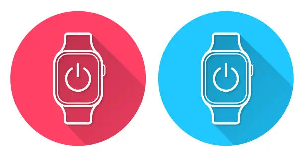 Vector illustration of Smartwatch with power button. Round icon with long shadow on red or blue background