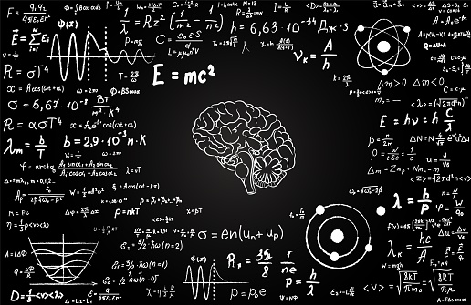 Blackboard inscribed with human brain and scientific formulas and calculations in physics and mathematics.