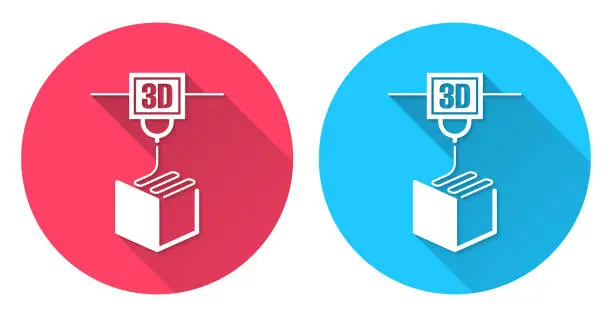 Vector illustration of 3D printer. Round icon with long shadow on red or blue background