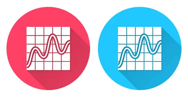 Vector illustration of Curve chart. Round icon with long shadow on red or blue background