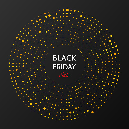 Black Friday sale inscription on gold glowing halftone dotted circle. Vector illustration