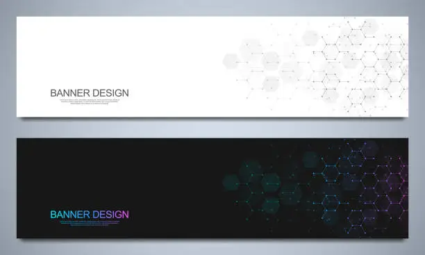 Vector illustration of Banner design templates and headers for site with molecular structures background and chemical engineering. Science, medicine and innovation technology concept.