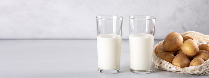 Dairy-free potato drink in glasses. Plant-based alternative milk