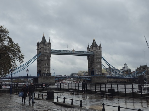 Tower Bridge  depicted in rain
