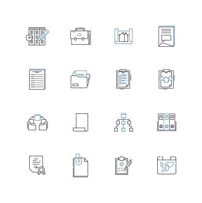 Inventories and portfolios line icons collection. Collections, Stockpiles, Holdings, Repertoire, Assortment, Catalogue, Arsenal vector and linear illustration. Range,Stockroom,Depots outline signs set