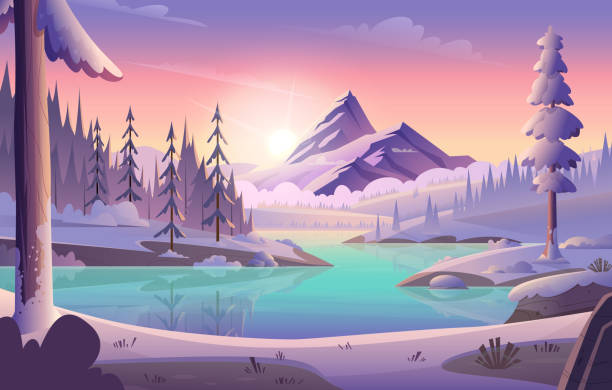 ilustrações de stock, clip art, desenhos animados e ícones de cartoon colorful winter landscape with rocks, ice water and forest. top view of snowy mountains, blue lake with frosty coast and pink night sky with clouds at sunset or sunrise. - coastline aerial view forest pond