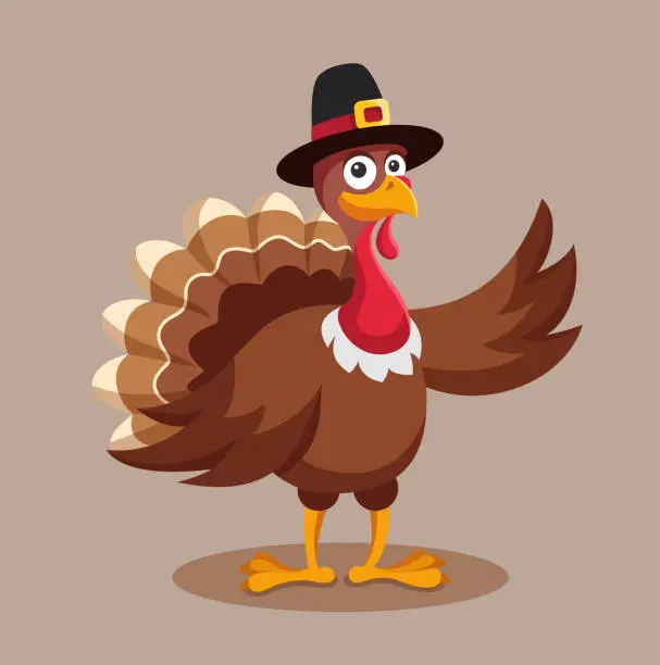 Vector illustration of Turkey character in pilgrim hat, cartoon vector illustration for Thanksgiving.