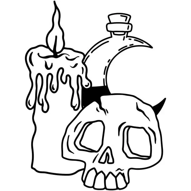 Vector illustration of Hand drawn magical composition with a candle, a skull and a potion