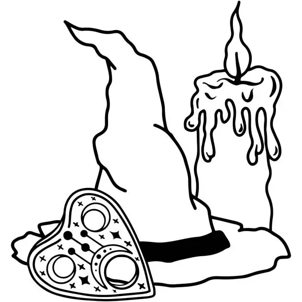 Vector illustration of Hand drawn magical composition of a candle, a ouija board and a witch's hat