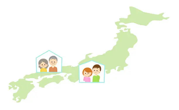 Vector illustration of A couple worried about their elderly parents living in the countryside