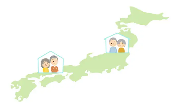 Vector illustration of An elderly couple worried about their elderly parents living in the countryside