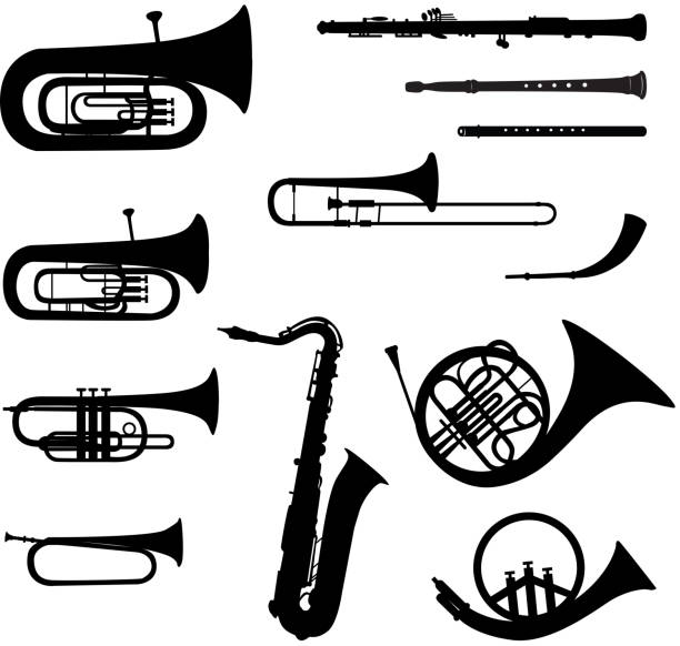 Music instruments vector set. Wind musical instrument silhouette isolated on white background.  musical instrument stock illustrations
