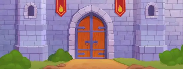 Vector illustration of Cartoon castle entrance. Medieval citadel dungeon entry, old palace gate stone wall texture wooden door, royal fort prison building game background ingenious vector illustration