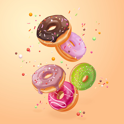Falling donuts. 3d frosted flying donut, tasty doughnut in chocolate glaze berry icing, fly cake sweets ad composition, fresh donutes realistic exact vector illustration of food sweet donut falling