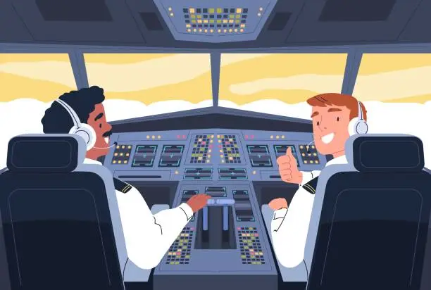 Vector illustration of Airplane cockpit. Aviation crew inside aircraft cabin, pilot and plane captain control monitoring flight navigation panel, two aviators on chair in jet