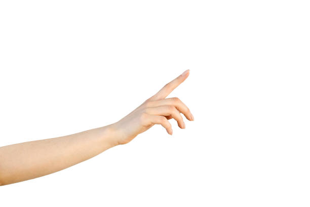 istock A woman's hand, isolated on a white background, points straight with her index finger. 1783572704