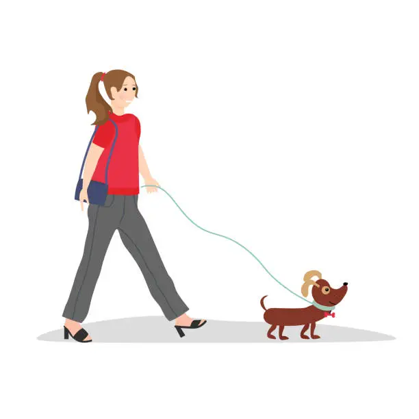 Vector illustration of The girl takes a walk with a little s. Vector illustration isolated on white background.