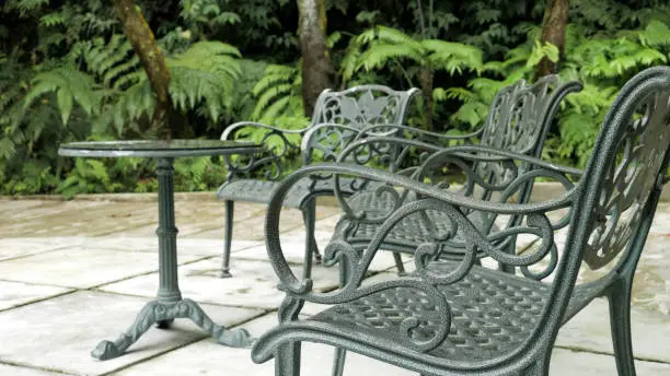 Iron Chair and table at Park, Lembah Tumpang, Malang, East Java, Indonesia. January 17, 2023