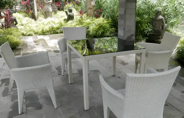 White Chairs and table at Lembah Tumpang, Malang, East Java, Indonesia. January 17, 2023