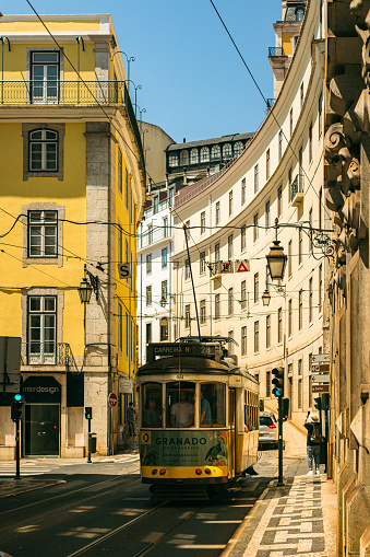 Historic tram line 28 in Miradouro das Portas do Sol, Alfama, Lisbon, Portugal