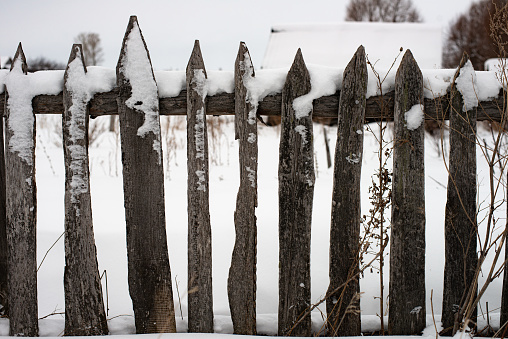 A winter scene of  a wooden fence lined with trees all covered with snow.