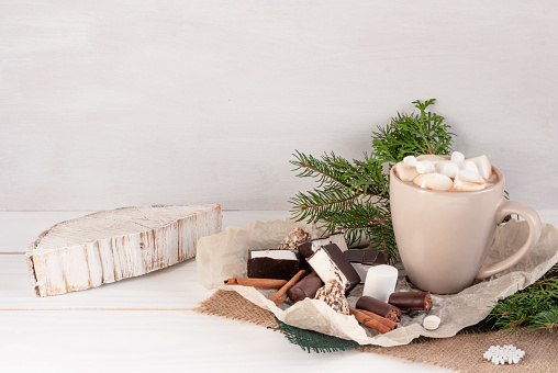 Christmas composition, cocoa with marshmallows on a white background, copy space