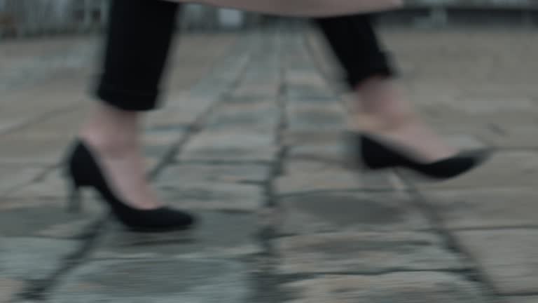 Woman Walking Stressed and close up of the shoes