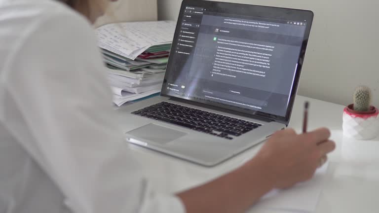 A female doctor uses the artificial intelligence chat GPT to prescribe treatment to a patient, close-up.