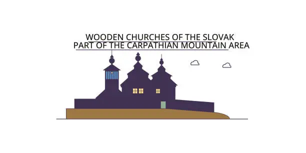 Vector illustration of Slovakia, Wooden Churches In The Carpathian Mountain Area tourism landmarks, vector city travel illustration