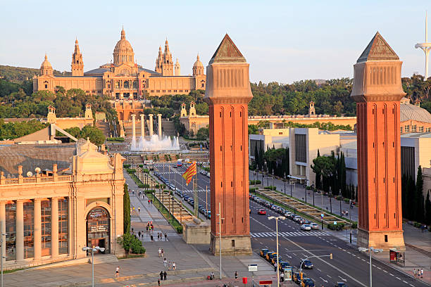 Venetian Towers and Museu Nacional D'Art in Barcelona stock photo