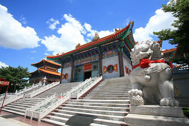 Lion statue located in front of Chinese temple