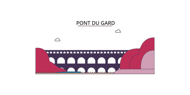 ilustraciones, imágenes clip art, dibujos animados e iconos de stock de francia, puntos de referencia turísticos de pont du gard, ilustración de viaje de la ciudad vectorial - aqueduct roman ancient rome pont du gard